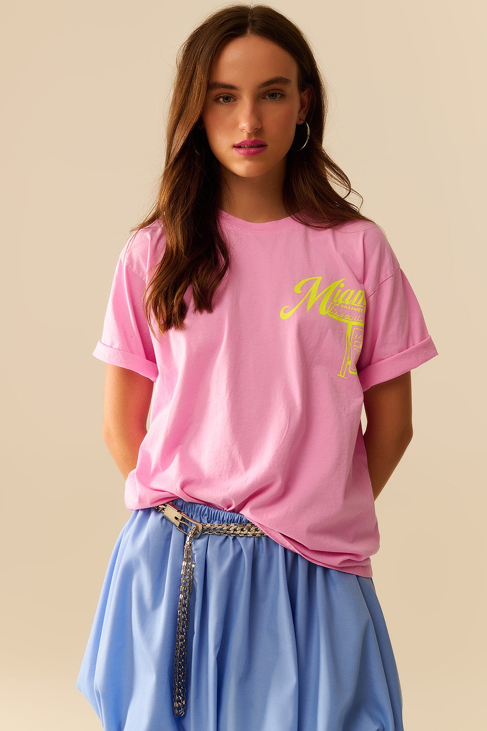 pink T-shirt with Miami logo print in yellow - T-Shirts
