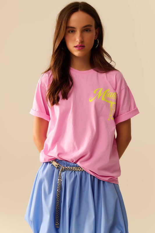 pink T-shirt with Miami logo print in yellow - T-Shirts