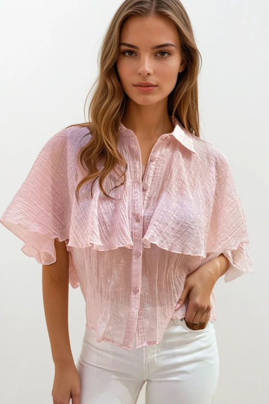 Pink textured chiffon blouse with dropped sleeves - Blouses