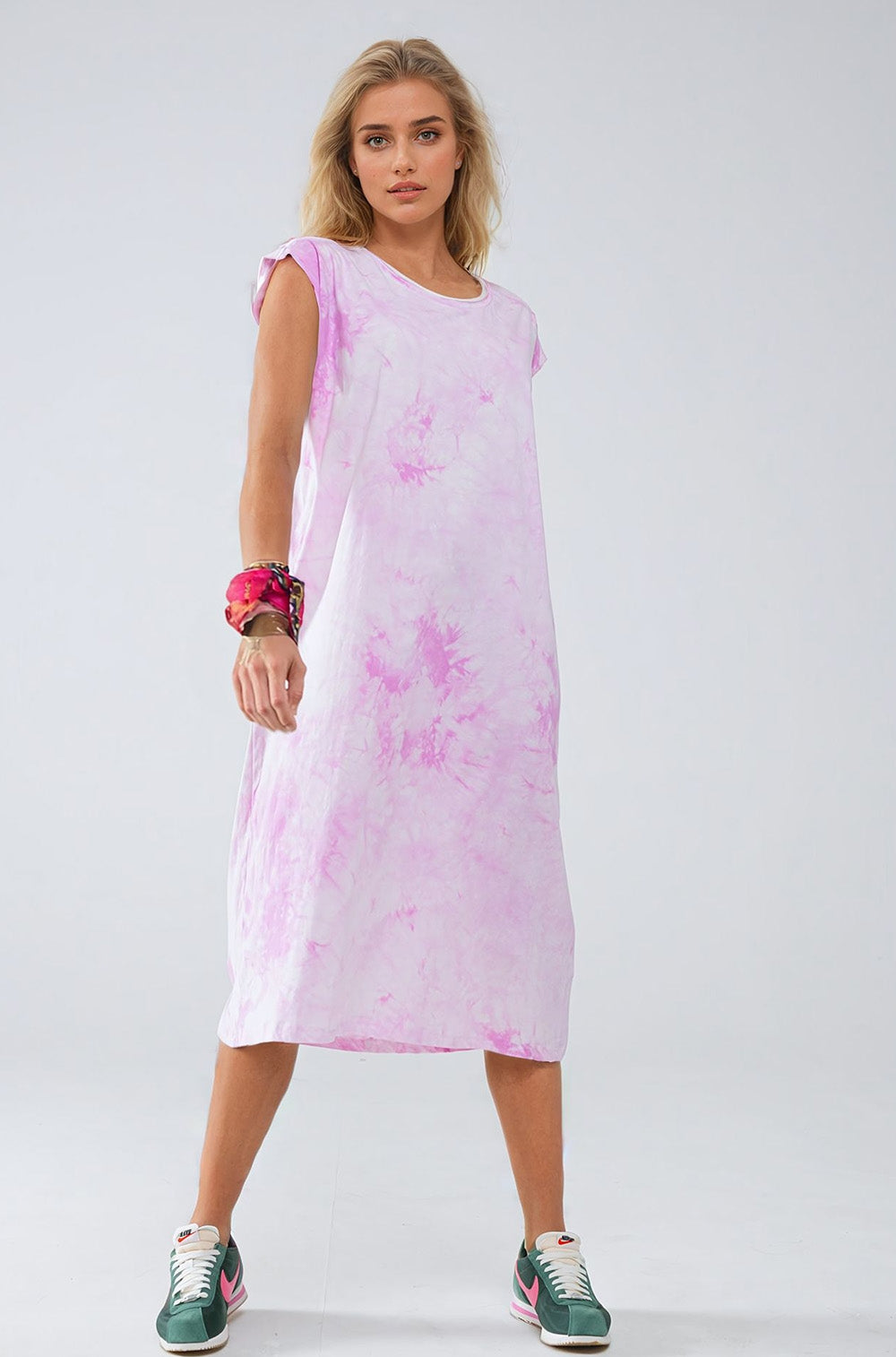 Pink Tie Dye Midi Shirt Dress - Dresses