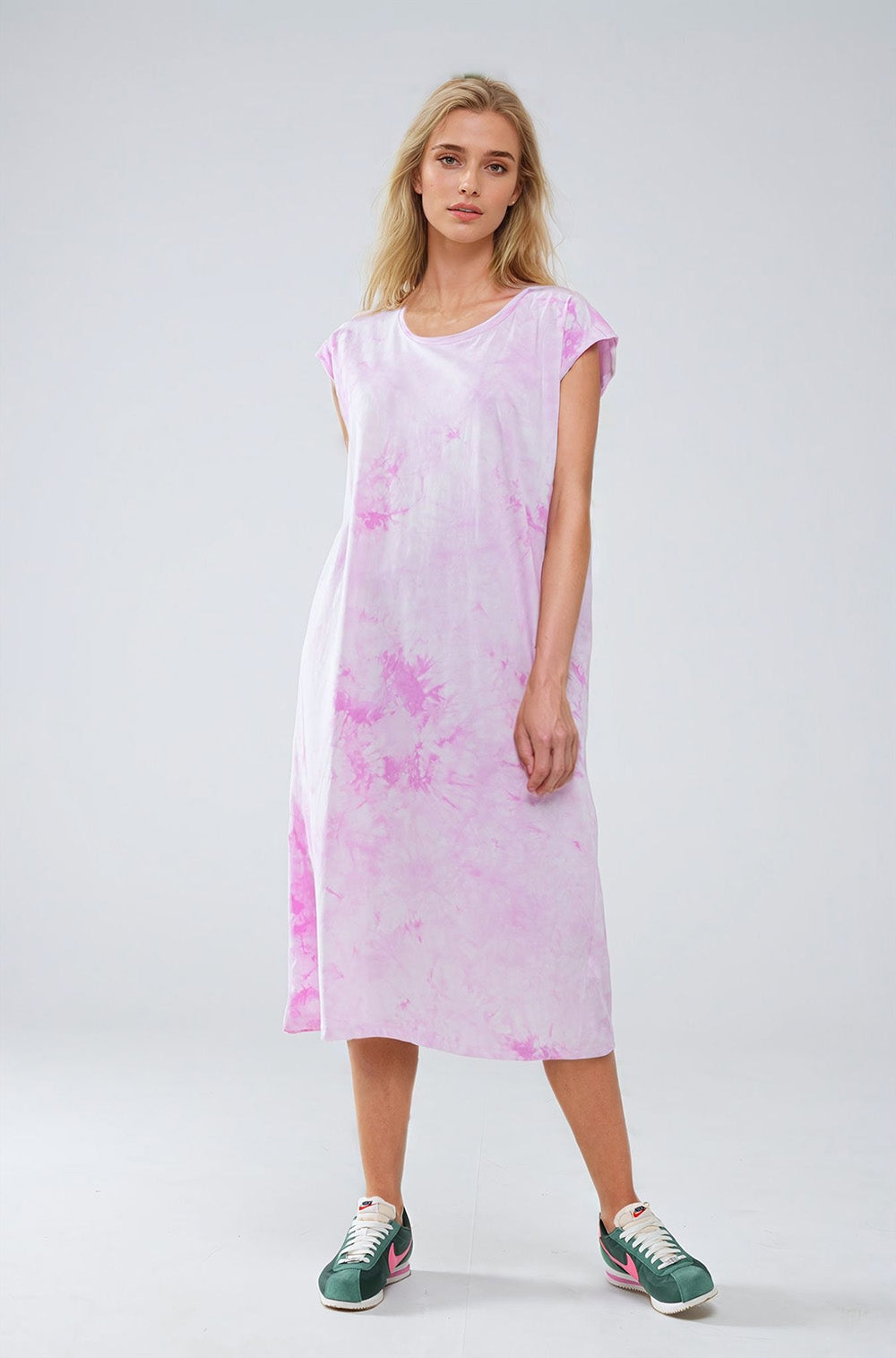 Pink Tie Dye Midi Shirt Dress - Dresses