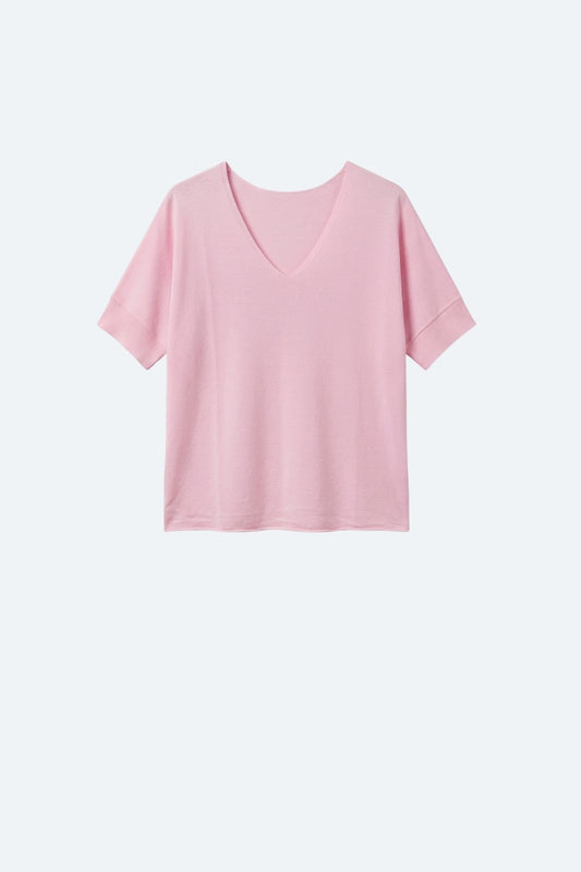 Pink V-Neck Relaxed Fit Soft Knit Sweater -