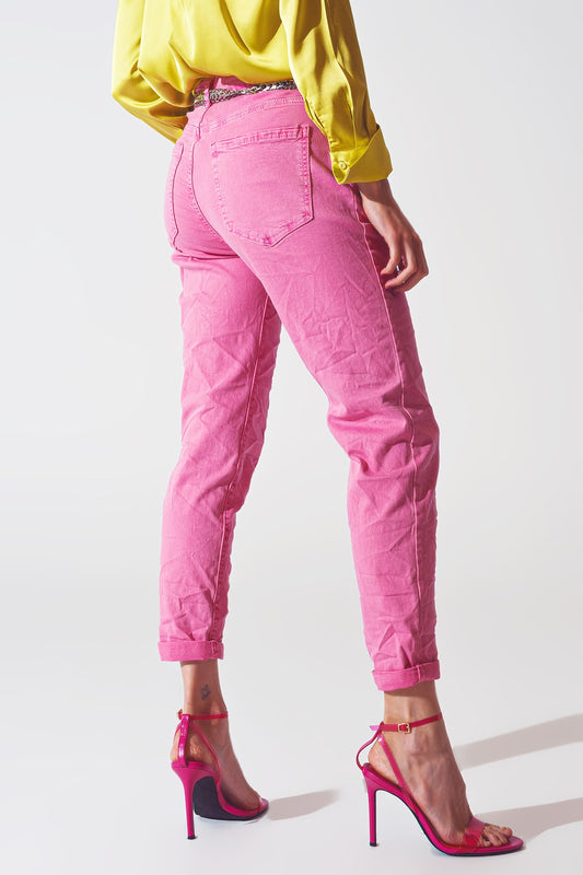 Pink Wrinkled Skinny Jeans - Jeans