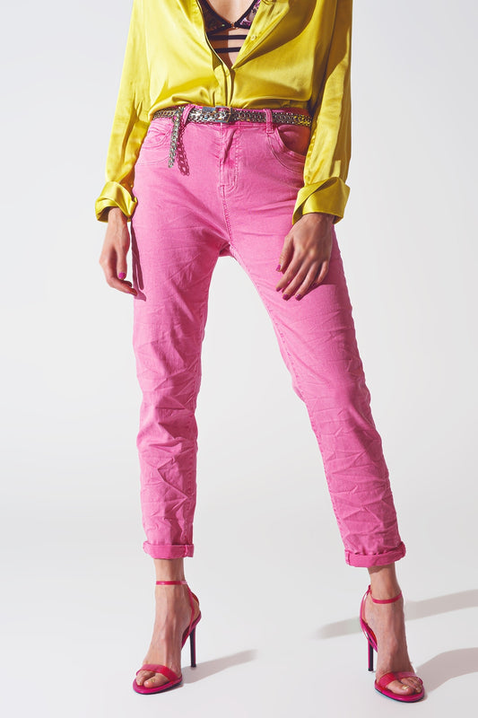 Pink Wrinkled Skinny Jeans - Jeans