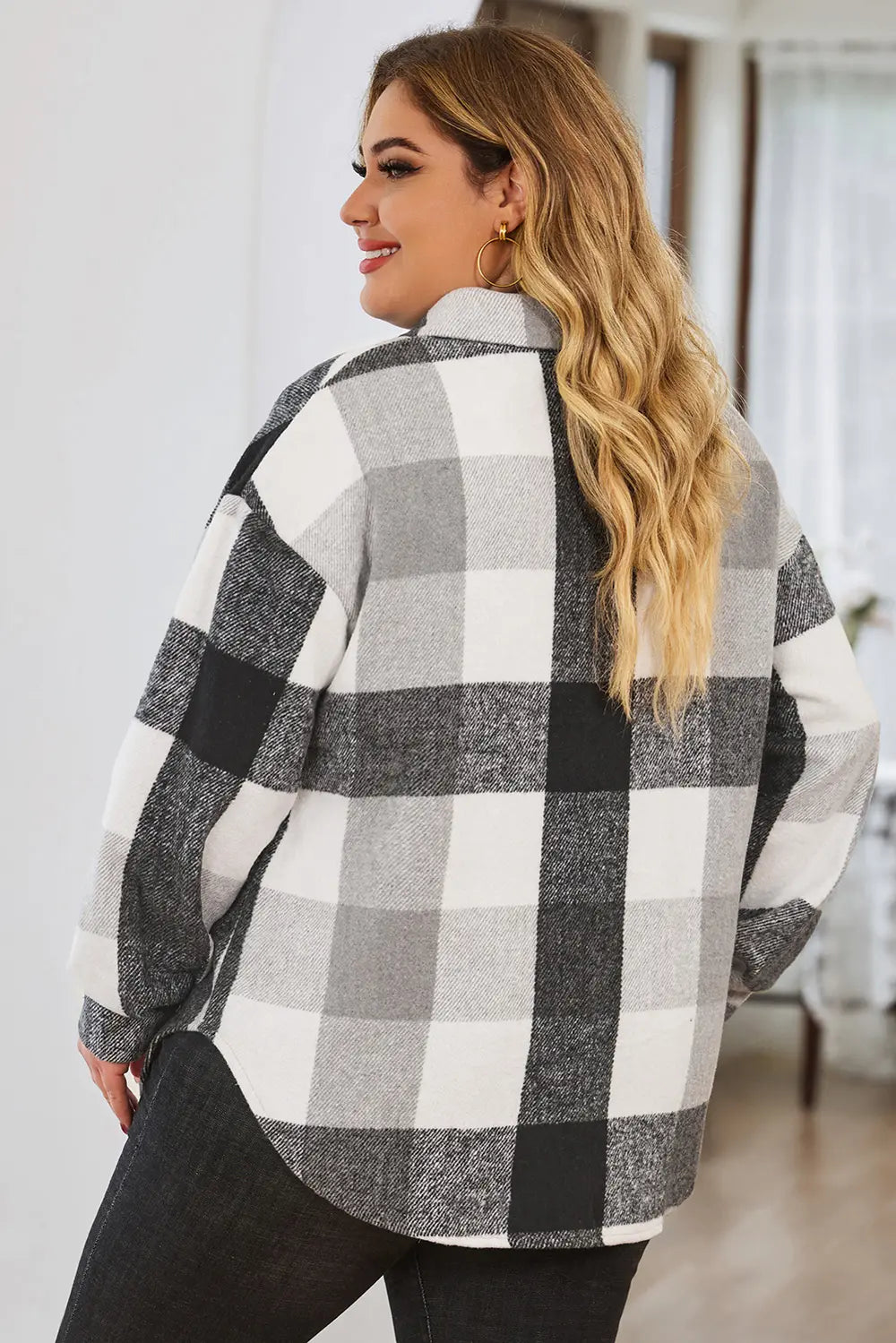 Plus Size Plaid Button Up Collared Neck Jacket - Coats & Jackets