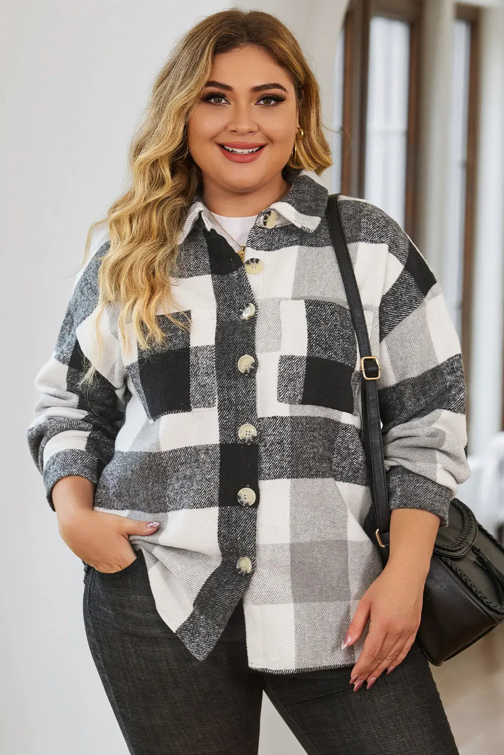 Plus Size Plaid Button Up Collared Neck Jacket Black - Coats & Jackets