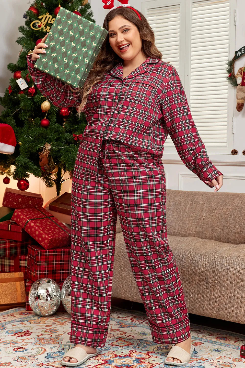 Plus Size Plaid Collared Neck Top and Pants Lounge Set Plaid - Pyjama Set