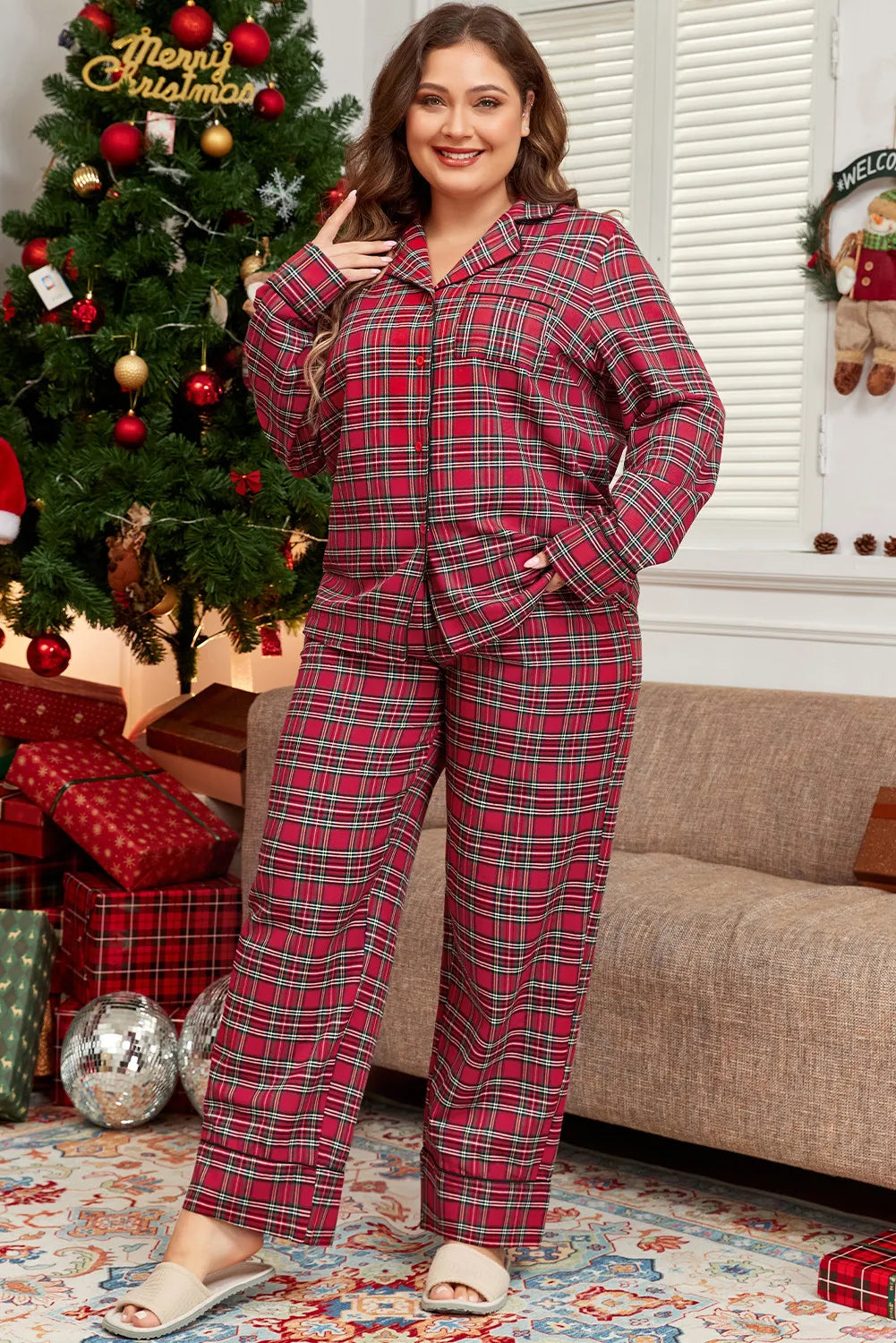Plus Size Plaid Collared Neck Top and Pants Lounge Set - Pyjama Set