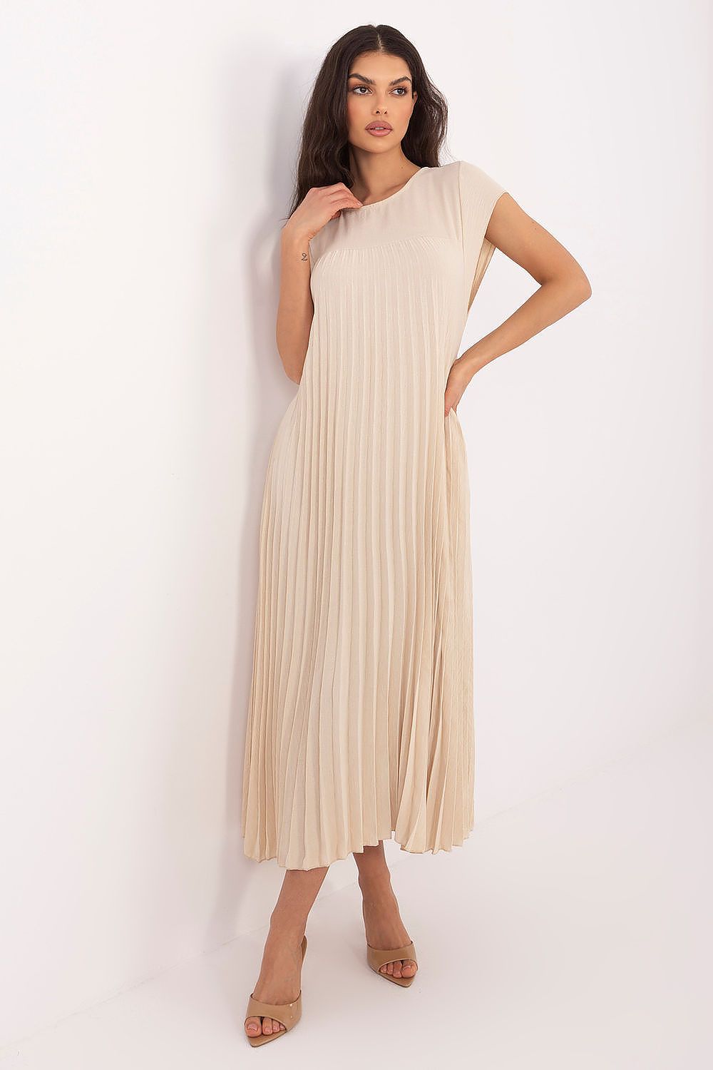 Rue Paris Pleated Daydress in Vibrant Colors beige 3 one-size-fits-all - Dresses