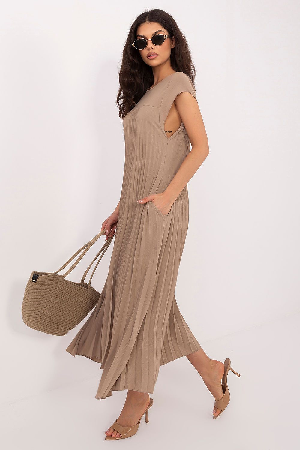 Rue Paris Pleated Daydress in Vibrant Colors beige 2 one-size-fits-all - Dresses