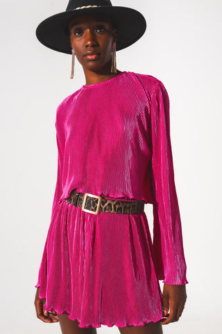 Pleated round neck crop top in fuchsia