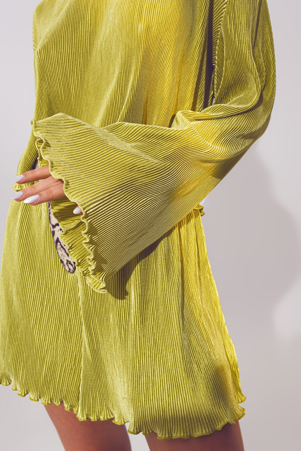 Pleated Round Neck Crop Top in Green - Tops