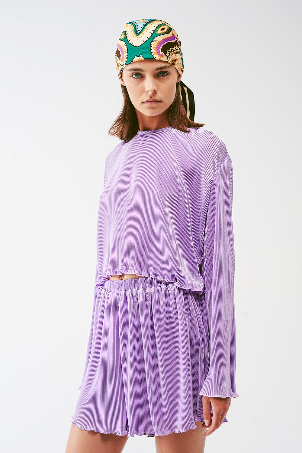Pleated Round Neck Crop Top in lilac - Tops