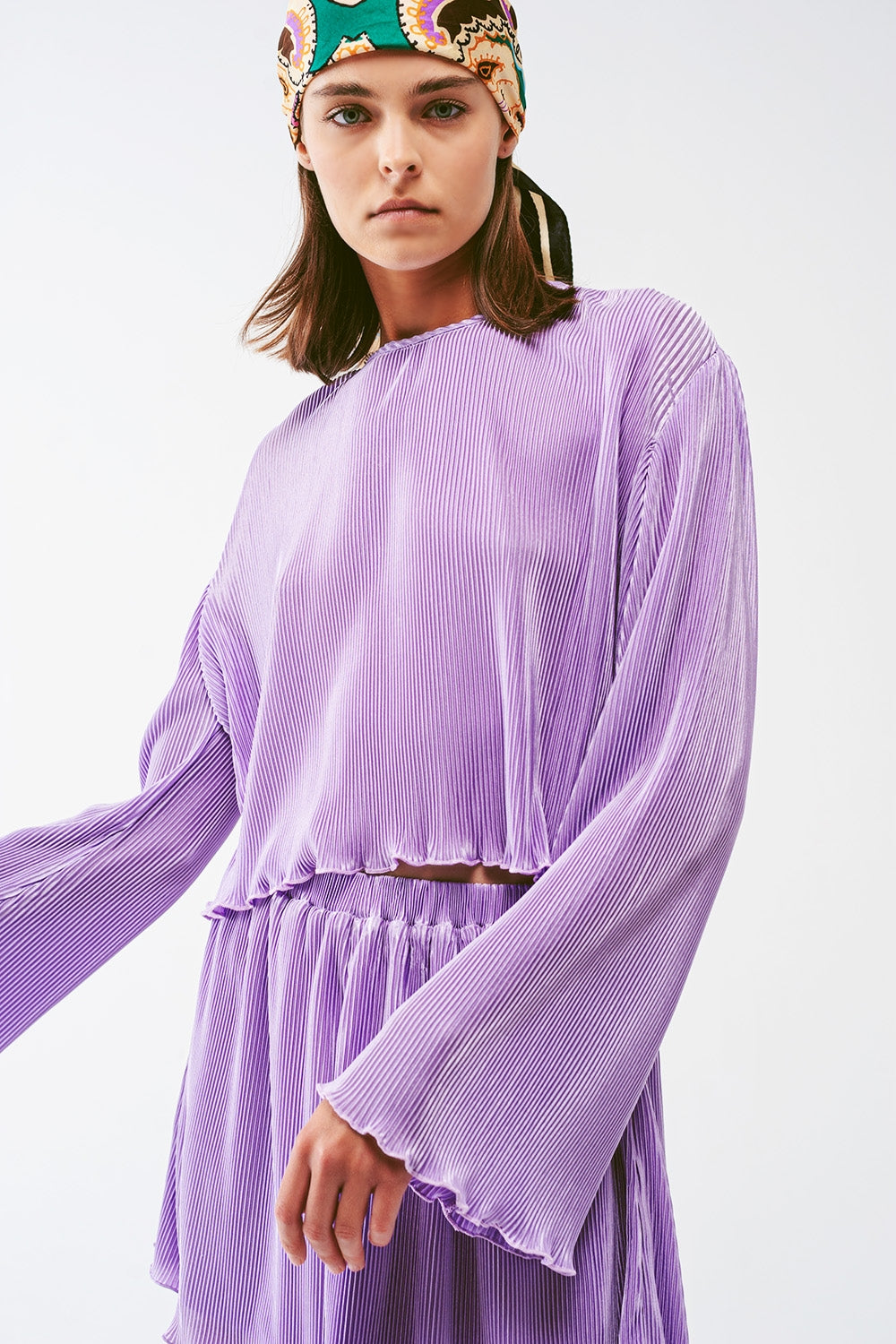 Pleated Round Neck Crop Top in lilac - Tops