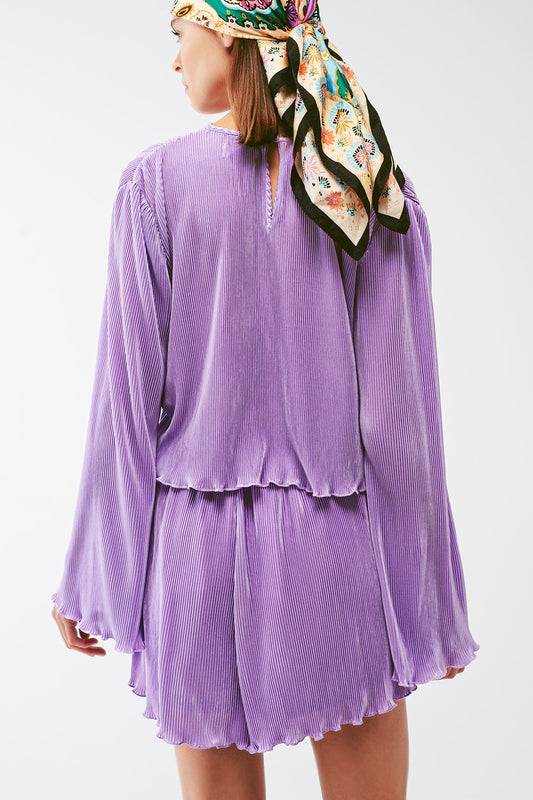 Pleated Round Neck Crop Top in lilac - Tops