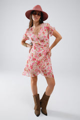 Plumetti Short Wrap Dress in Pink Floral Print