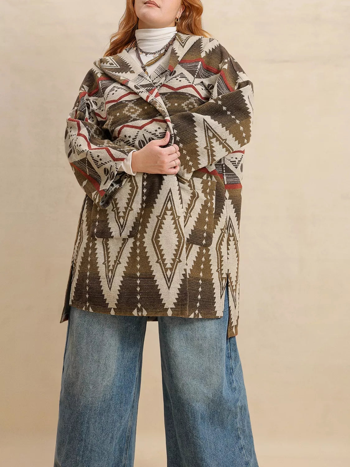 Plus Size Aztec Print Hooded Open Front Cardigan - Cardigans