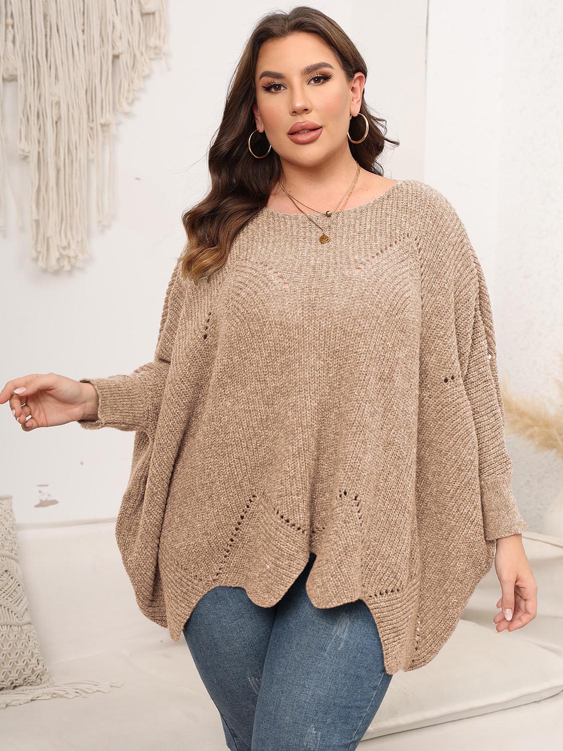 Plus Size Round Neck Batwing Sleeve Sweater Tan - Sweaters