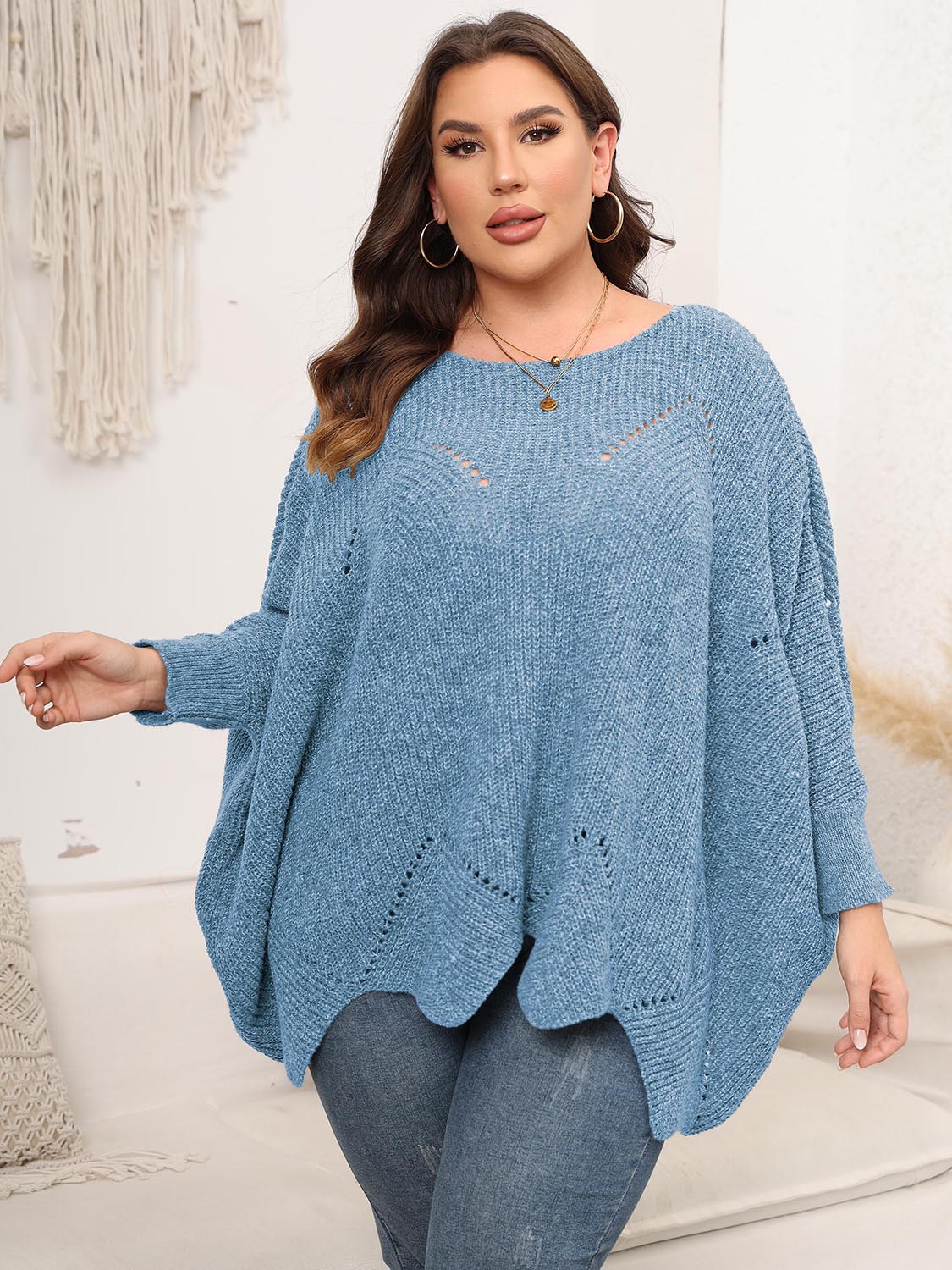 Plus Size Round Neck Batwing Sleeve Sweater Sky Blue - Sweaters