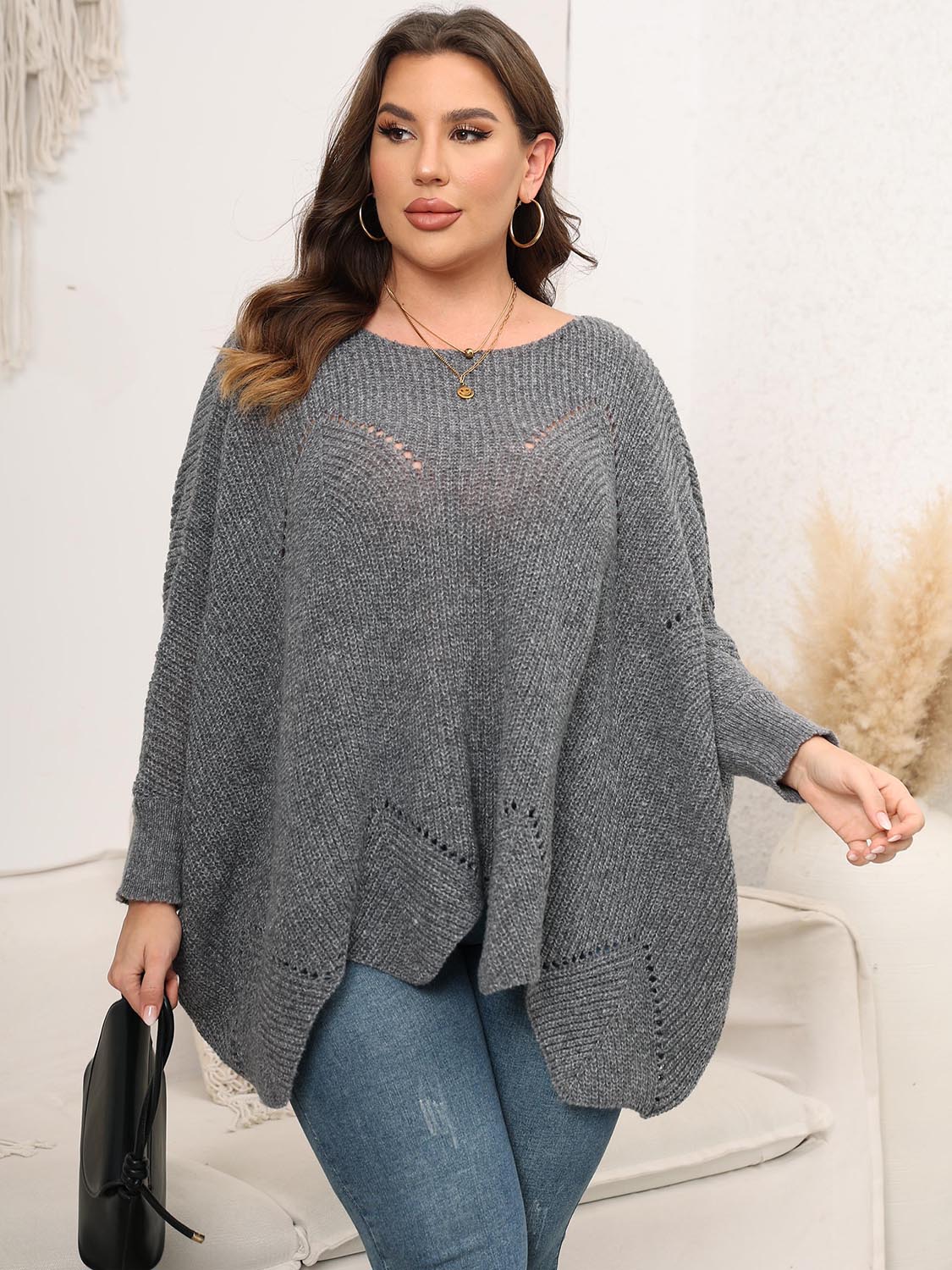 Plus Size Round Neck Batwing Sleeve Sweater Heather Gray - Sweaters