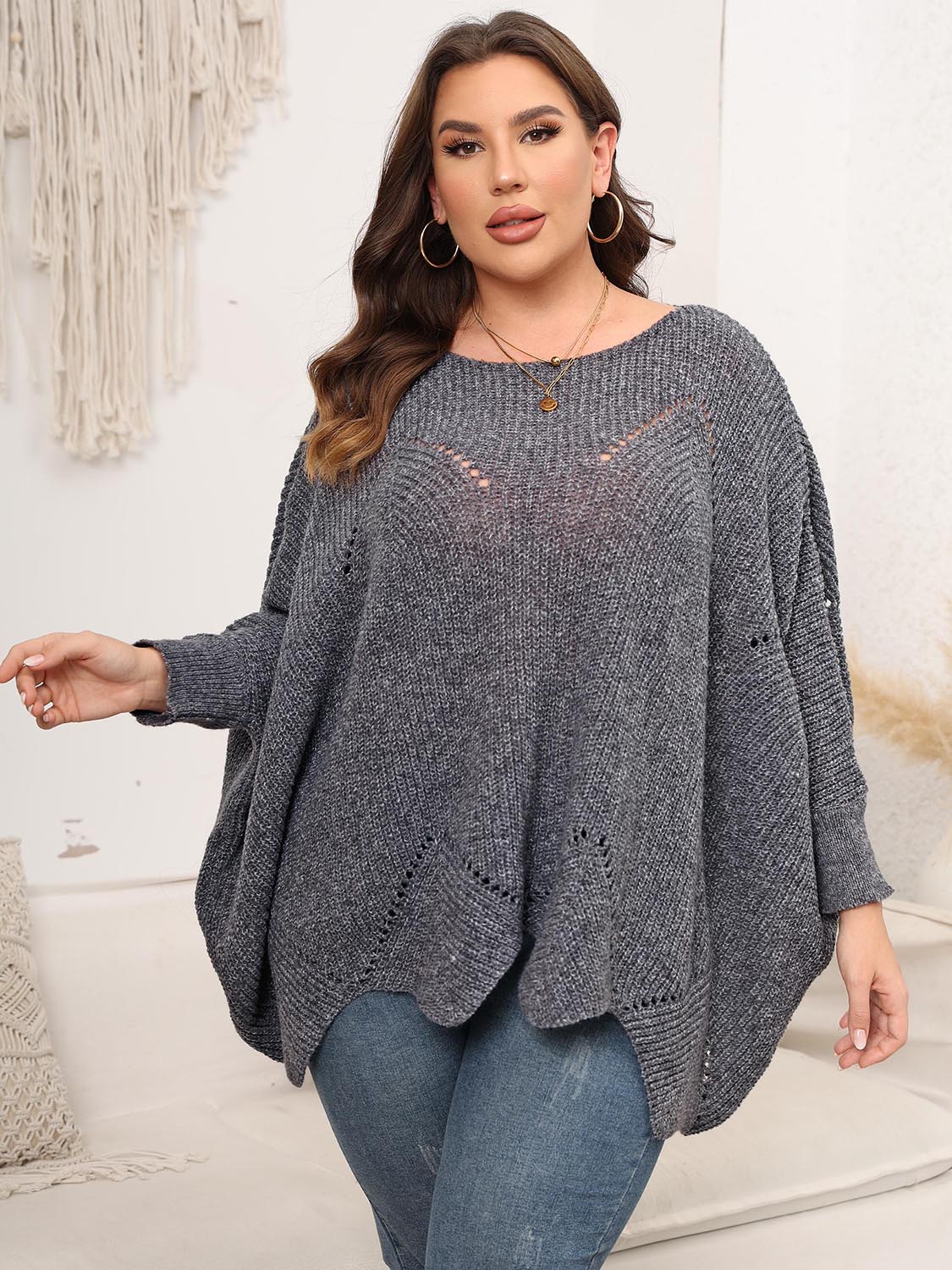 Plus Size Round Neck Batwing Sleeve Sweater Charcoal - Sweaters