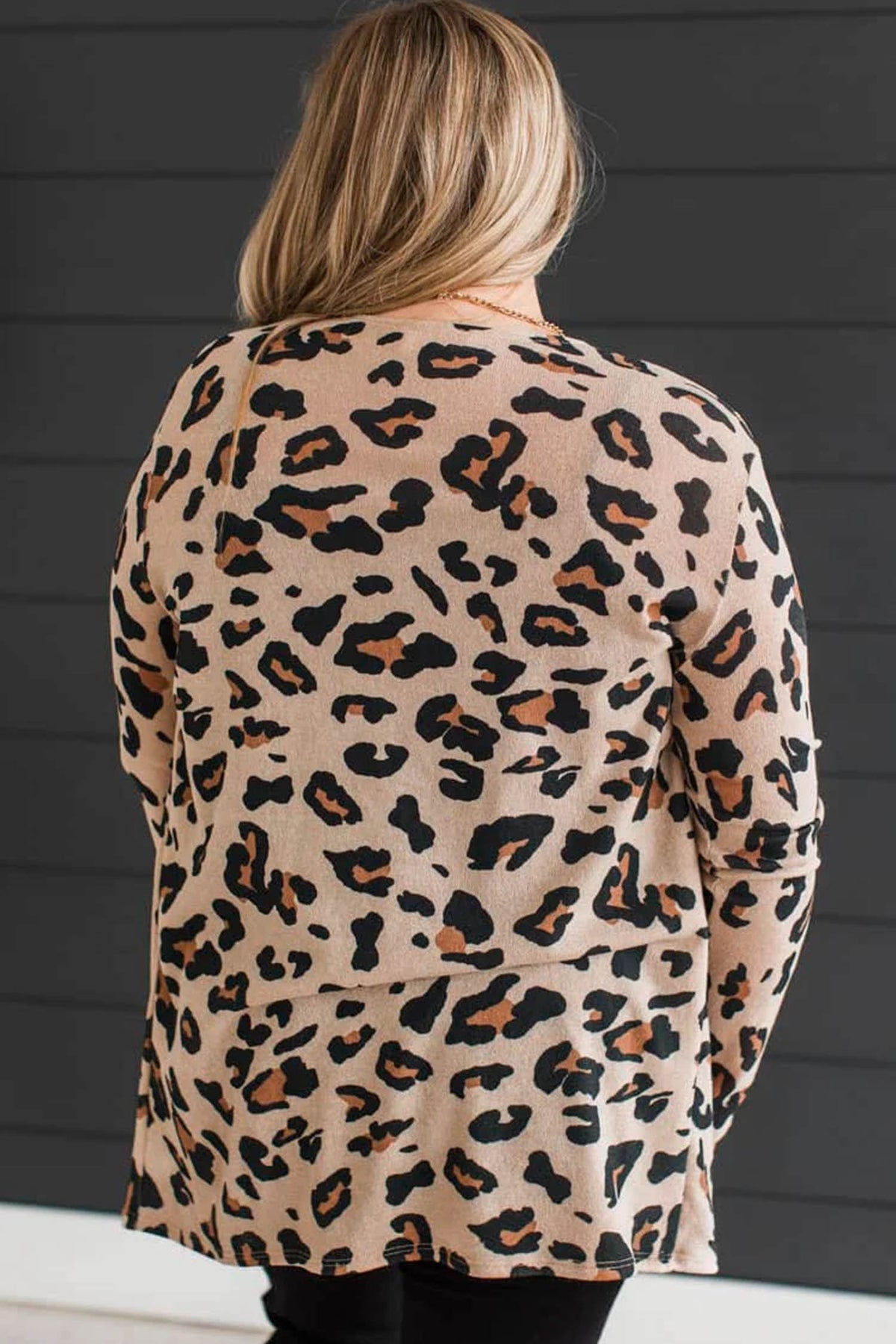 Khaki Leopard Print Long Sleeve V Neck Tunic Plus Size Cardigan - Plus Size/Plus Size Outerwear