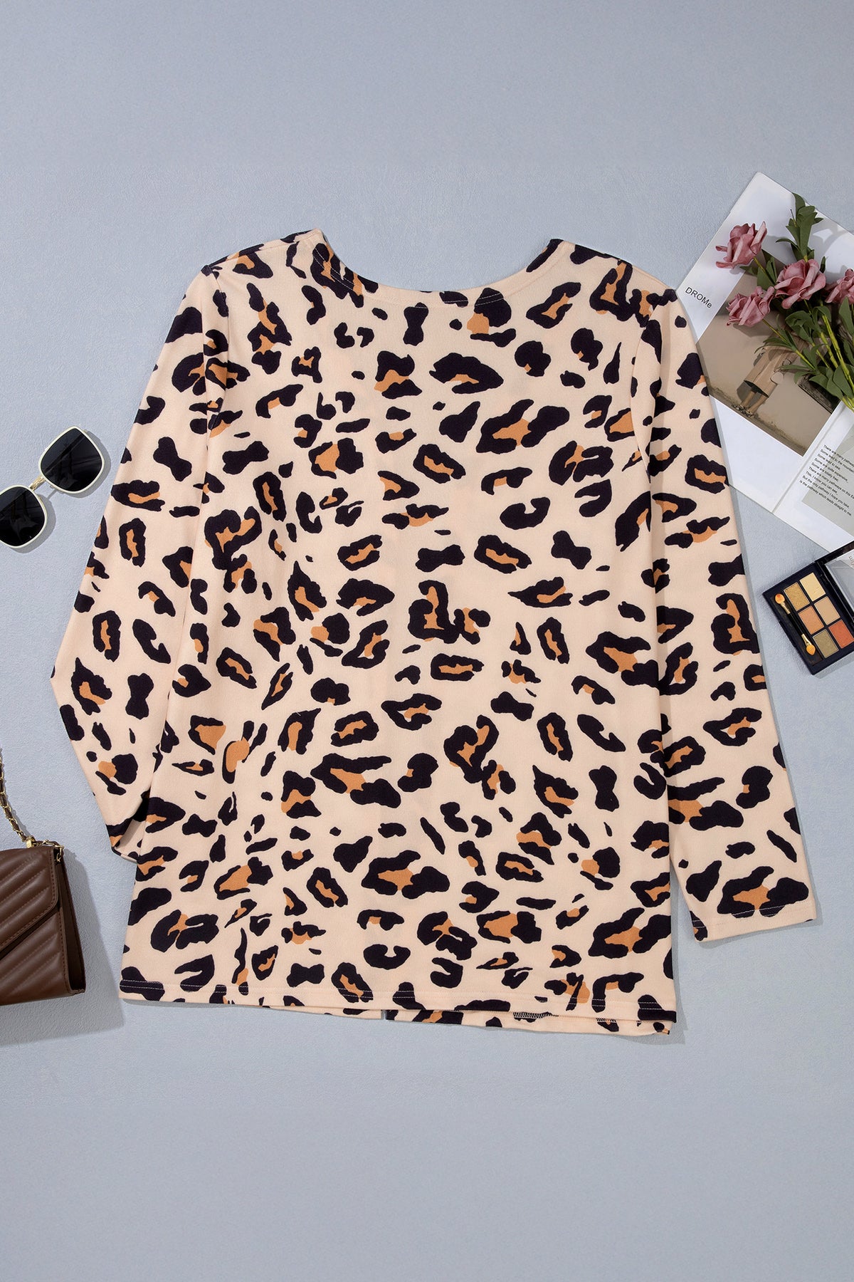Khaki Leopard Print Long Sleeve V Neck Tunic Plus Size Cardigan - Plus Size/Plus Size Outerwear