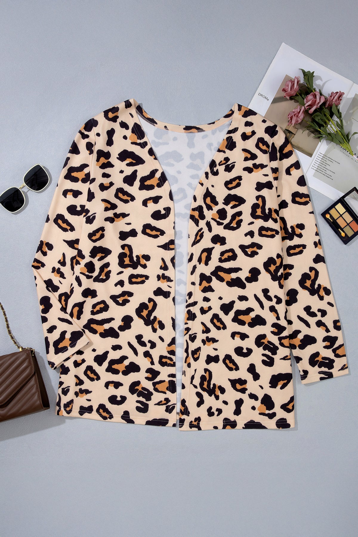 Khaki Leopard Print Long Sleeve V Neck Tunic Plus Size Cardigan - Plus Size/Plus Size Outerwear