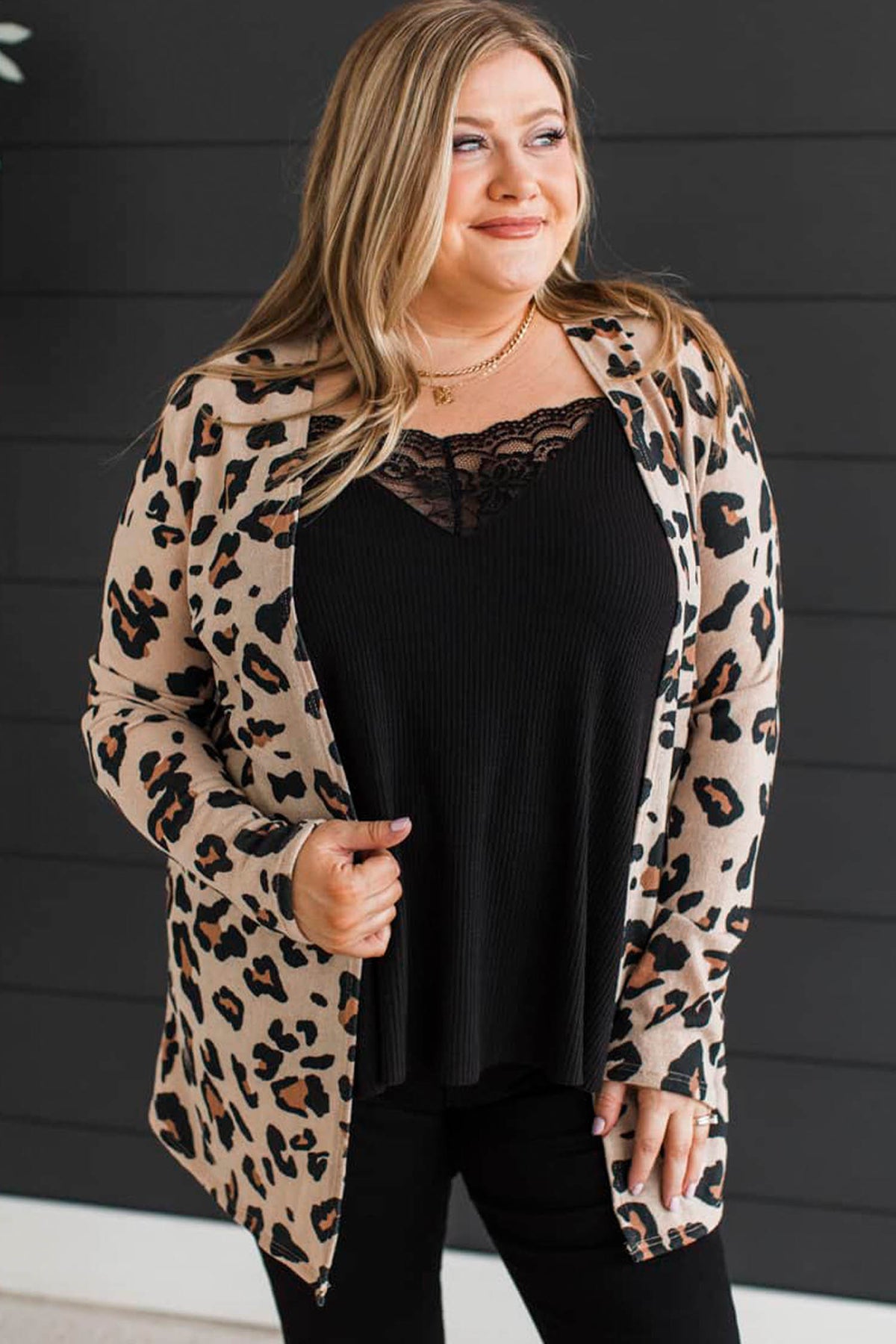 Khaki Leopard Print Long Sleeve V Neck Tunic Plus Size Cardigan - Plus Size/Plus Size Outerwear