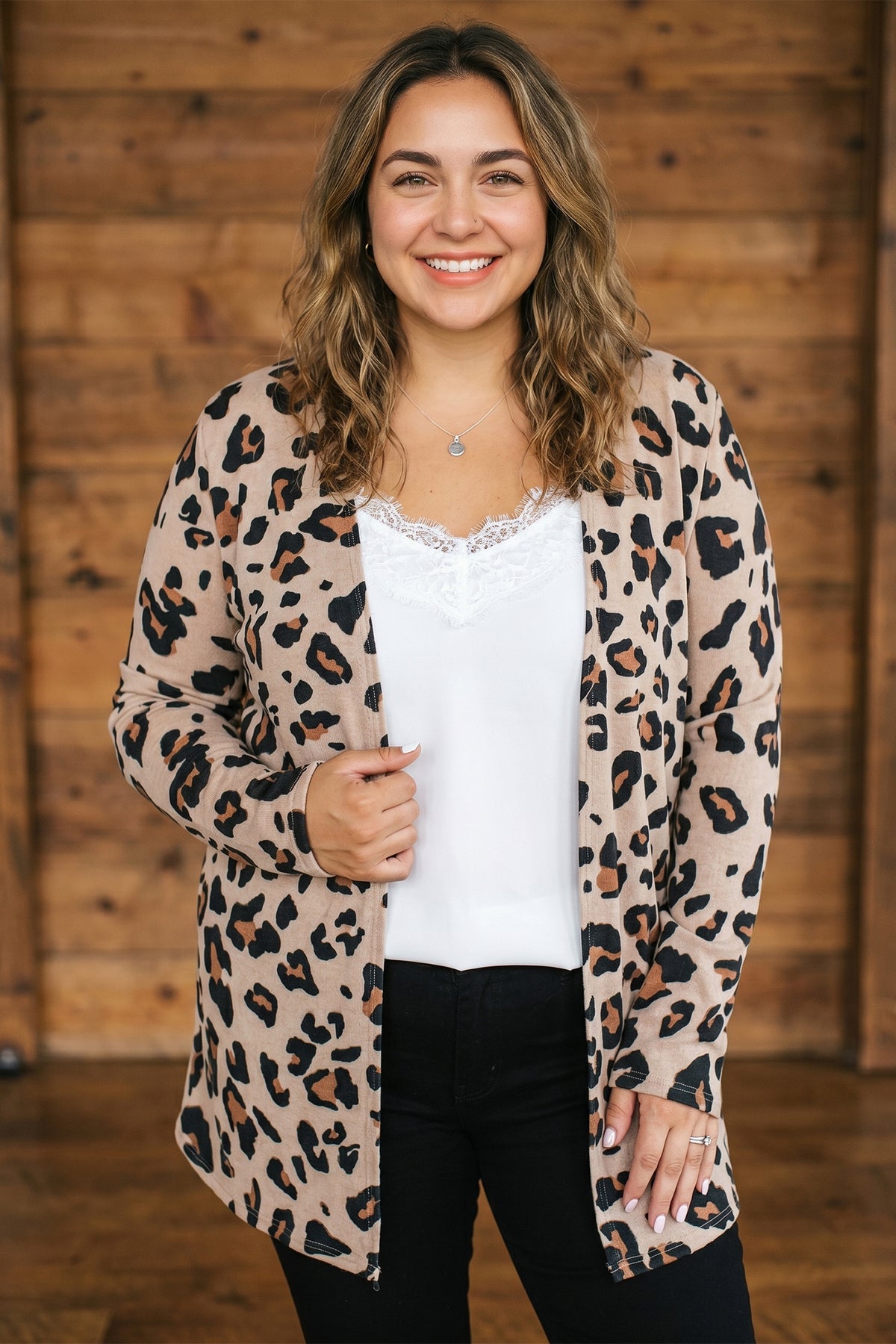 Khaki Leopard Print Long Sleeve V Neck Tunic Plus Size Cardigan - Plus Size/Plus Size Outerwear