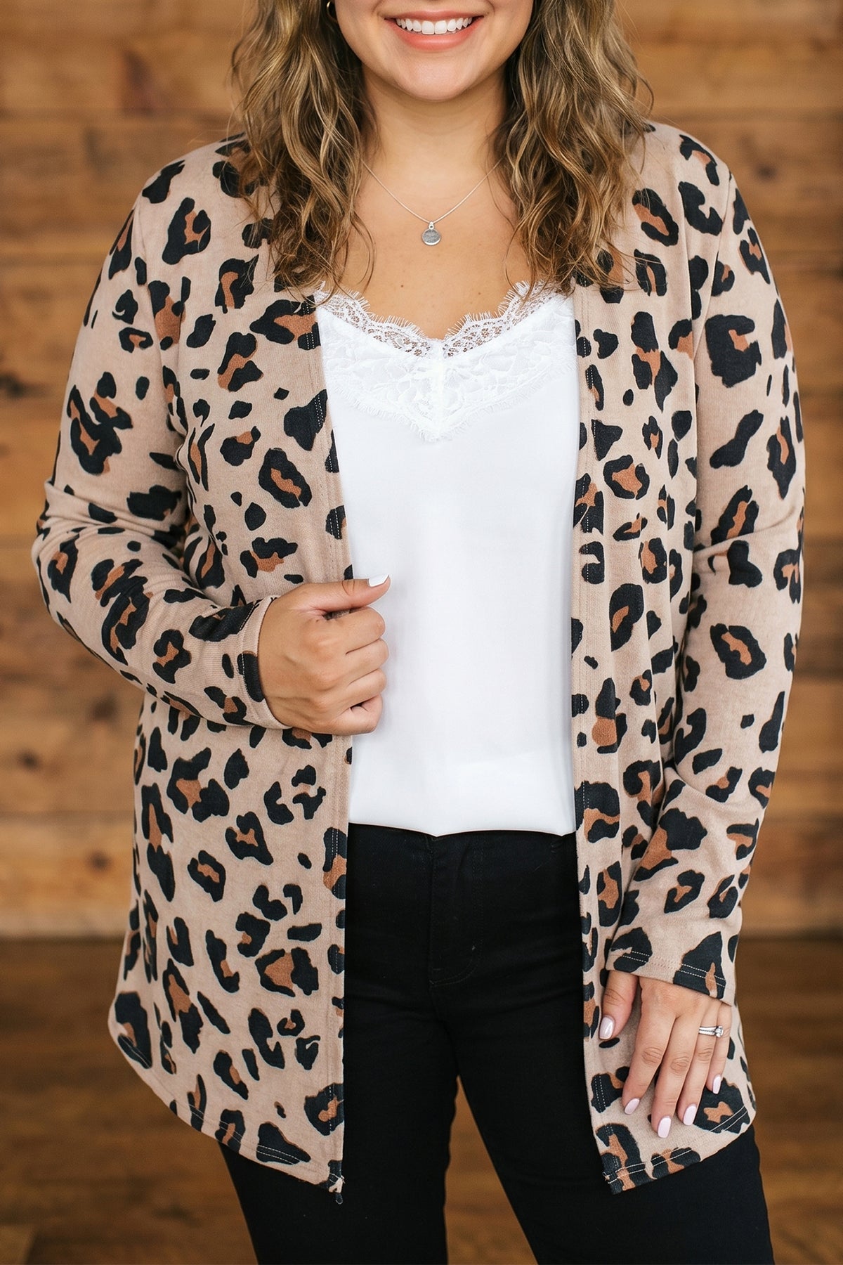 Khaki Leopard Print Long Sleeve V Neck Tunic Plus Size Cardigan Khaki - Plus Size/Plus Size Outerwear