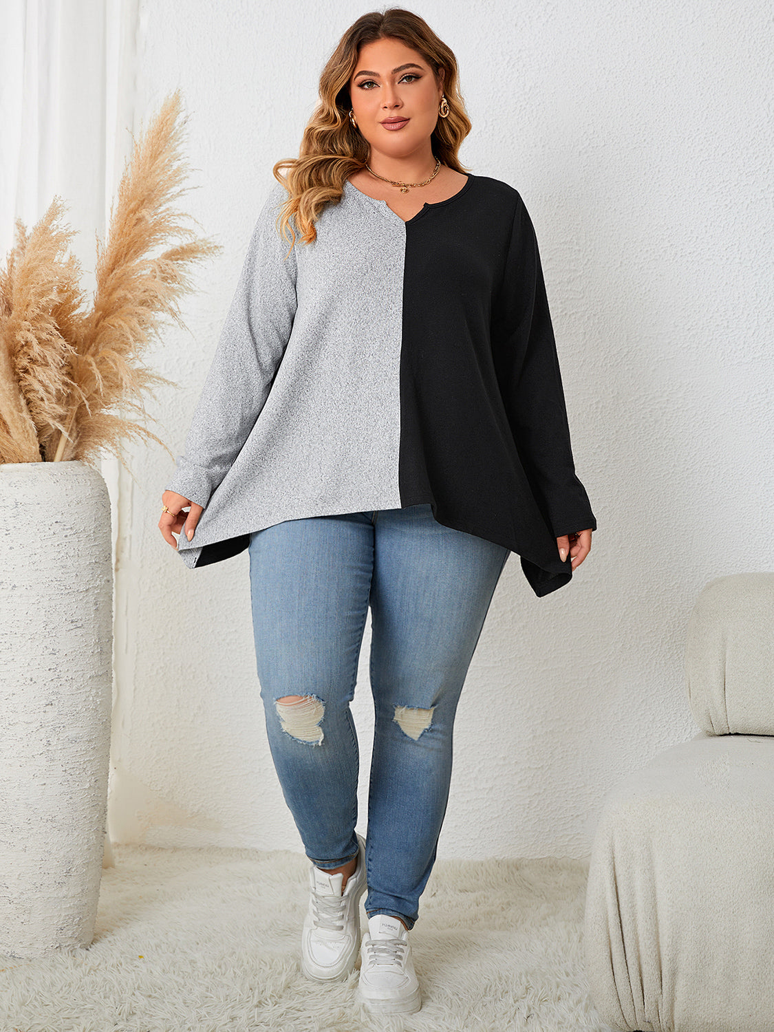 Honey Plus Size Contrast Notched Neck T-Shirt - T-Shirts