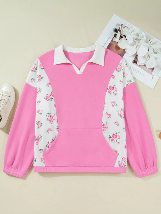 Plus Size Contrast Polo Collar Floral Patchwork Elastic Cuffs Long Sleeve Top - Polos