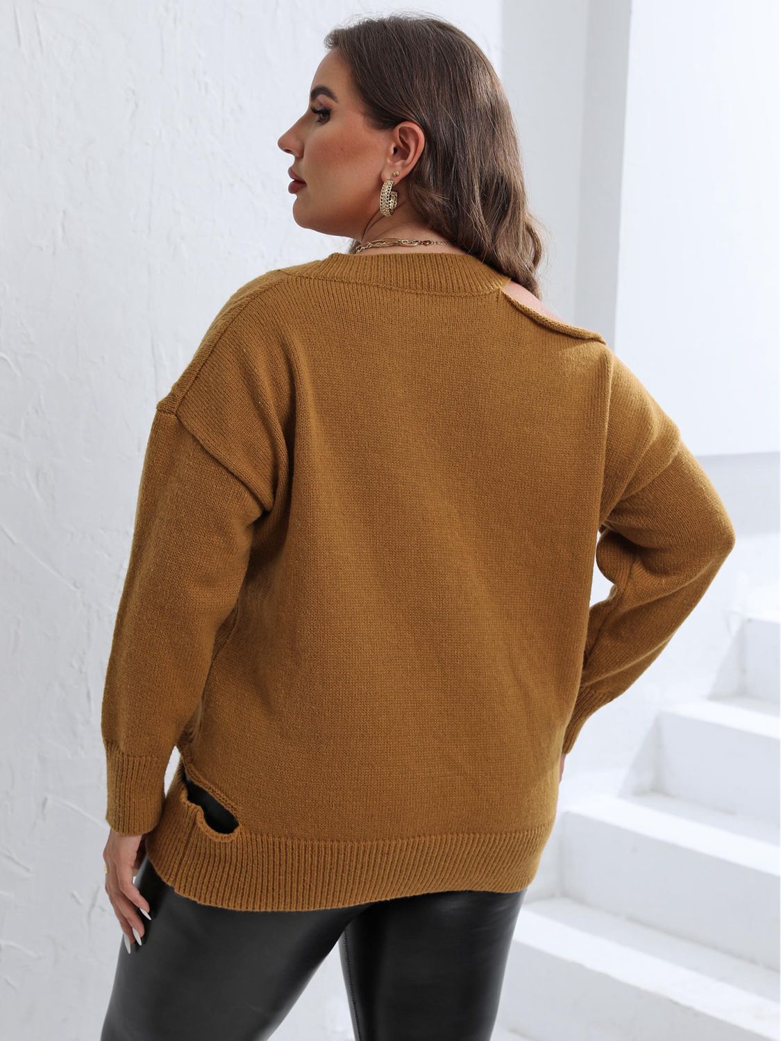 Trendsi Plus Size Cutout V-Neck Sweater in Mustard - Sweaters