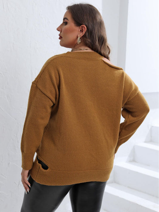 Trendsi Plus Size Cutout V-Neck Sweater in Mustard - Sweaters