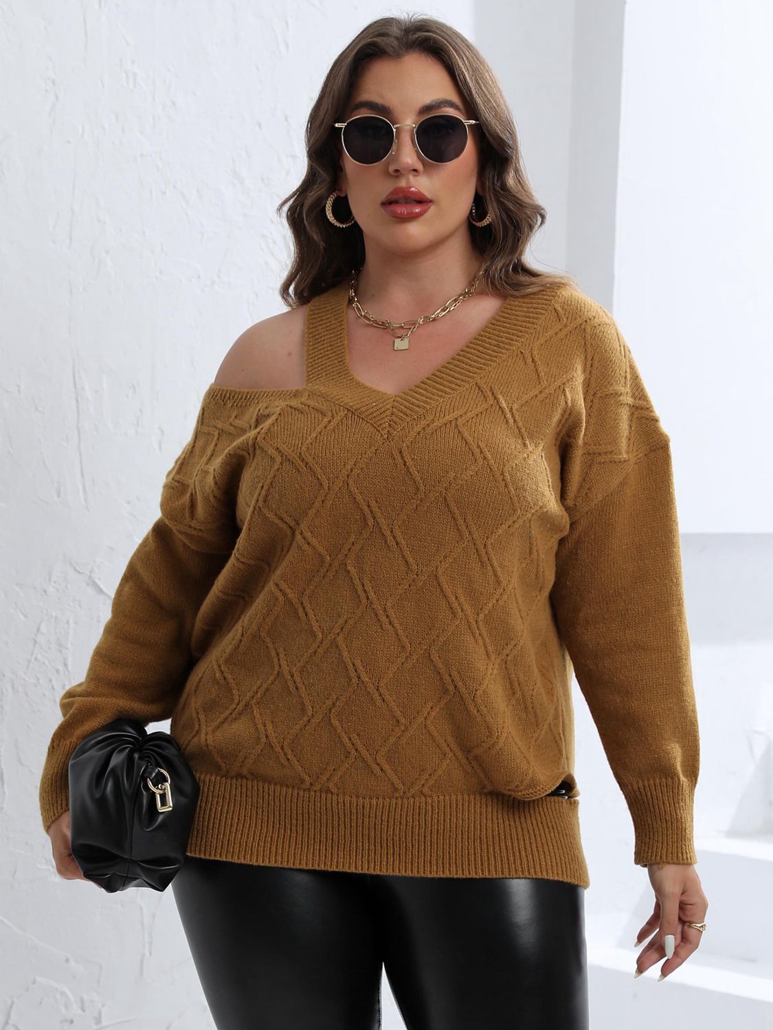 Trendsi Plus Size Cutout V-Neck Sweater in Mustard - Sweaters