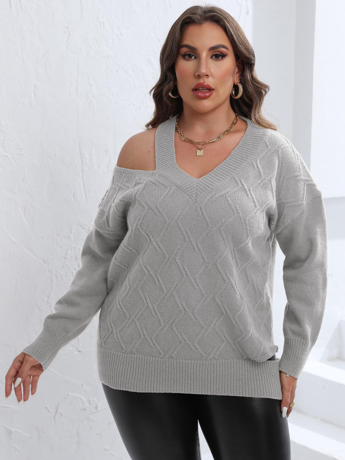 Trendsi Plus Size Cutout V-Neck Sweater in Mustard Light Gray - Sweaters