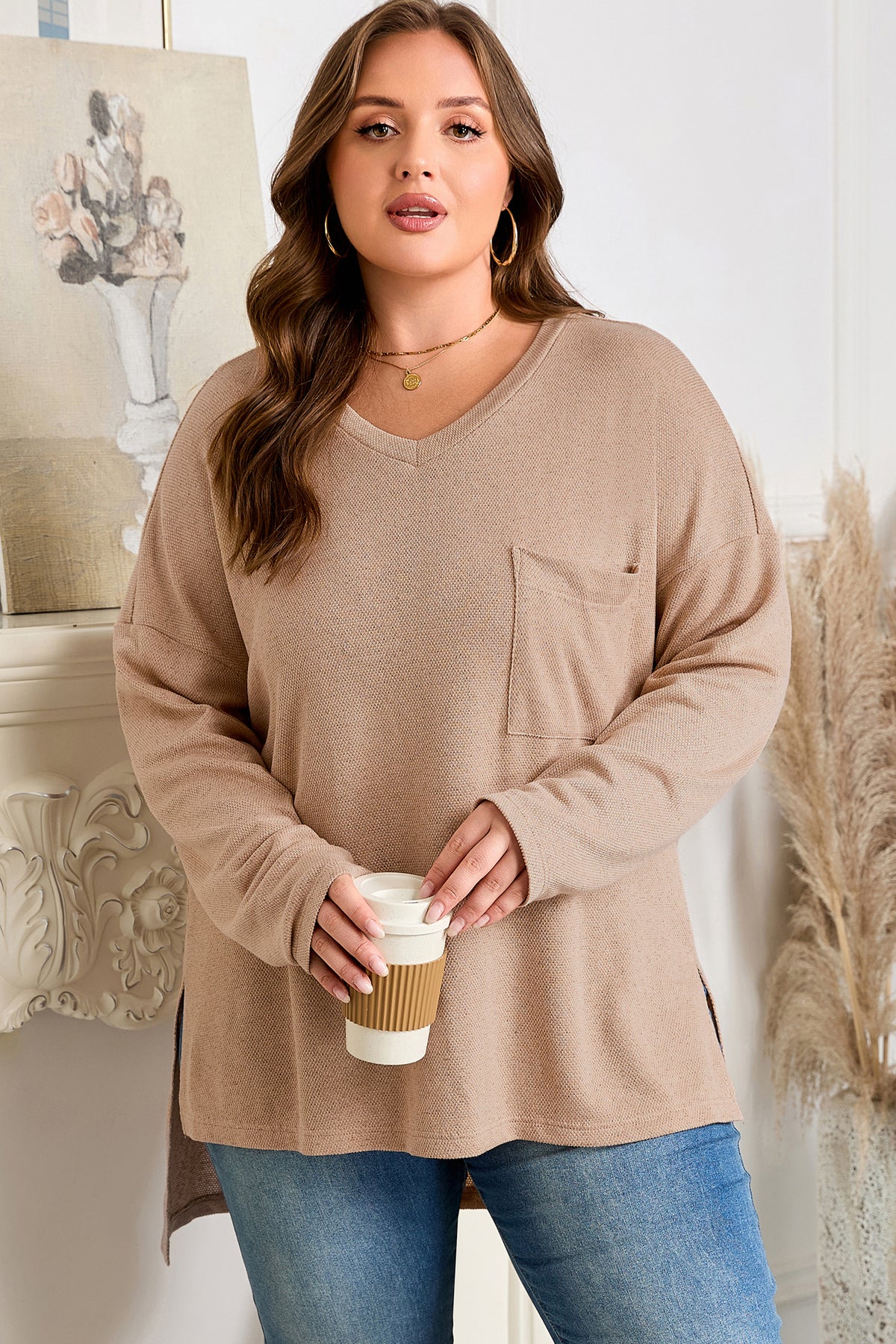 Parchment Plus Size Drop Shoulder Knit Tunic Top - Plus Size/Plus Size Tops/Plus Size Long Sleeve Tops