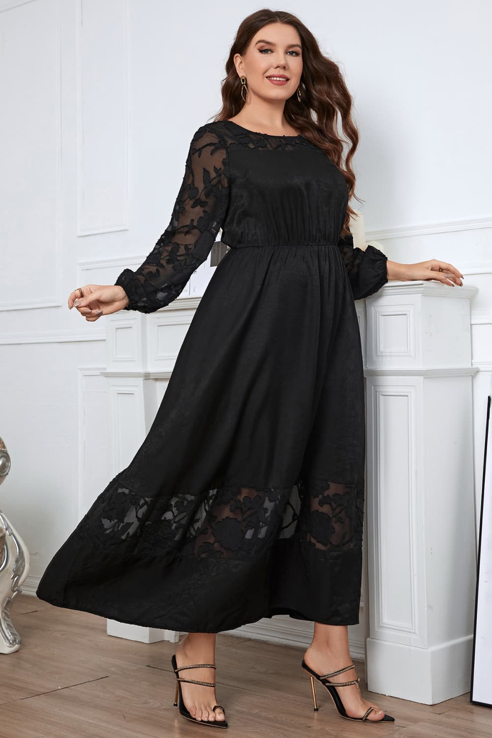 Plus Size Embroidered Long Sleeve Evening Dress - Dresses