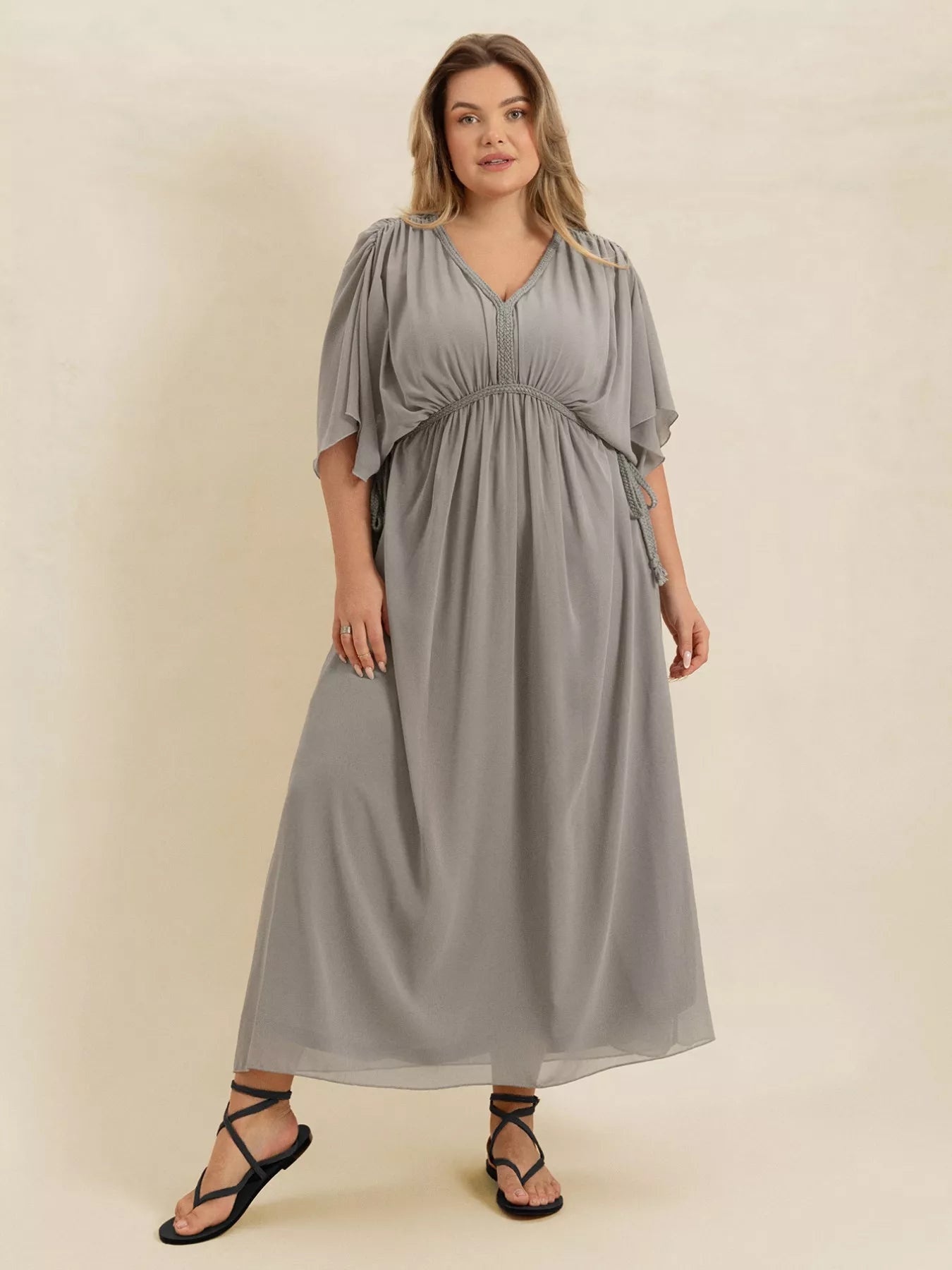Plus Size V-Neck Flutter Sleeve Dress Gray - Dresses
