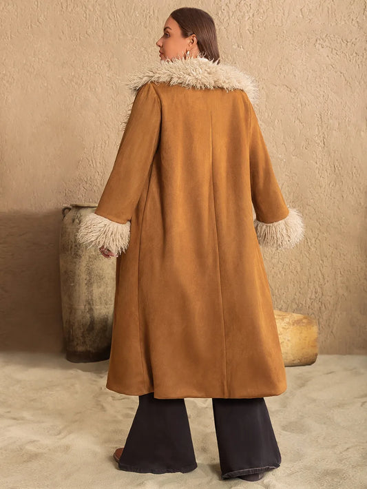 Plus Size Furry Trim Open Front Long Sleeve Coat - Coats