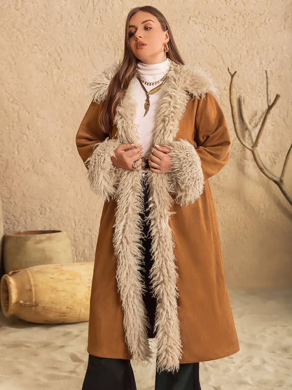 Plus Size Furry Trim Open Front Long Sleeve Coat - Coats
