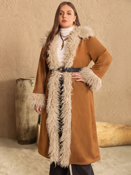 Plus Size Furry Trim Open Front Long Sleeve Coat Caramel - Coats