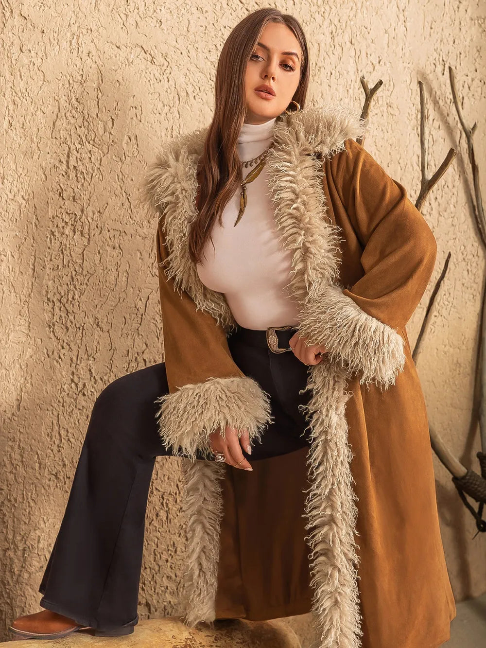 Plus Size Furry Trim Open Front Long Sleeve Coat - Coats