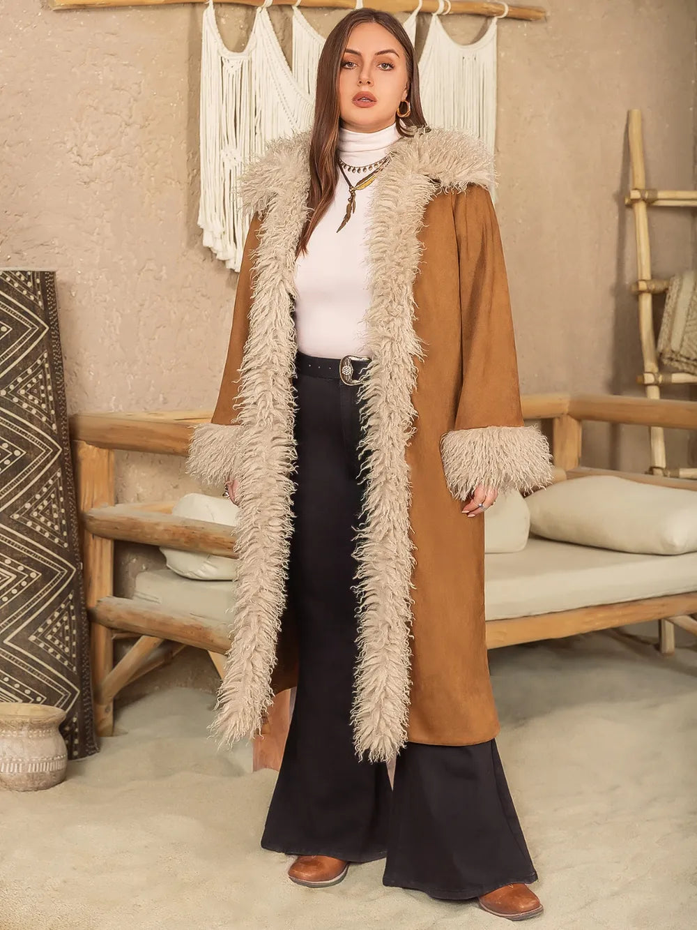 Plus Size Furry Trim Open Front Long Sleeve Coat - Coats