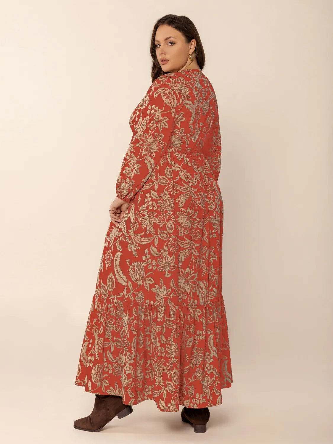 Plus Size Lace Detail Printed Balloon Sleeve Midi Dress - Dresses