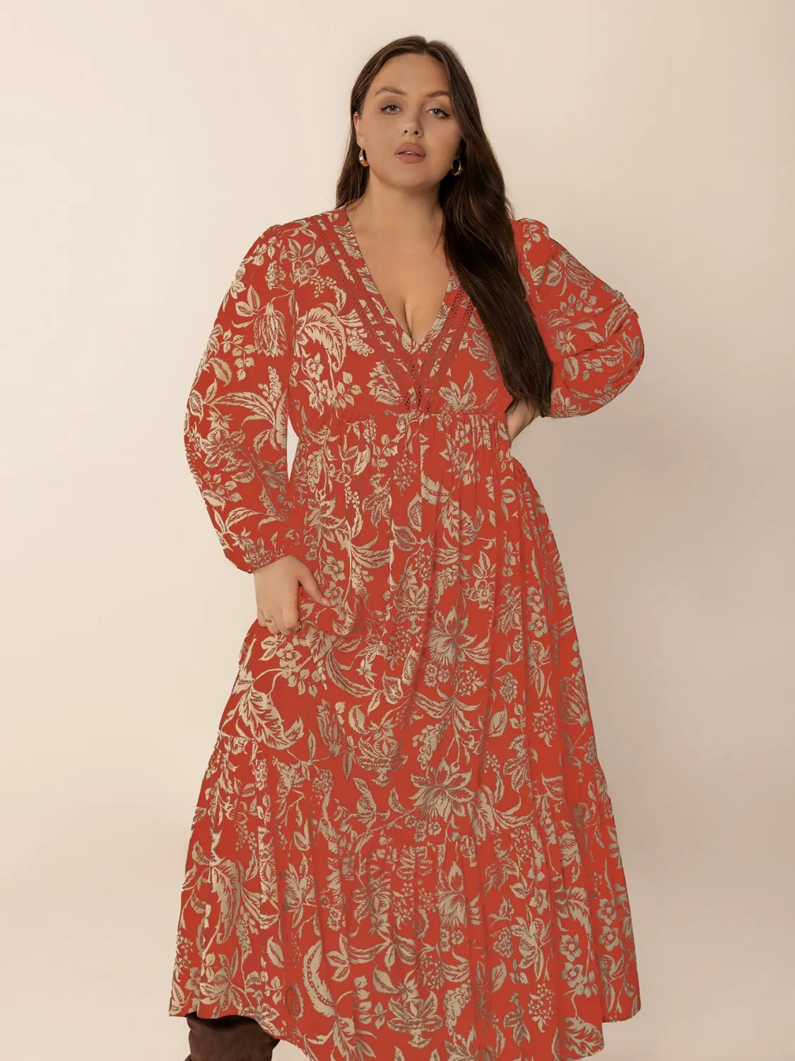 Plus Size Lace Detail Printed Balloon Sleeve Midi Dress - Dresses