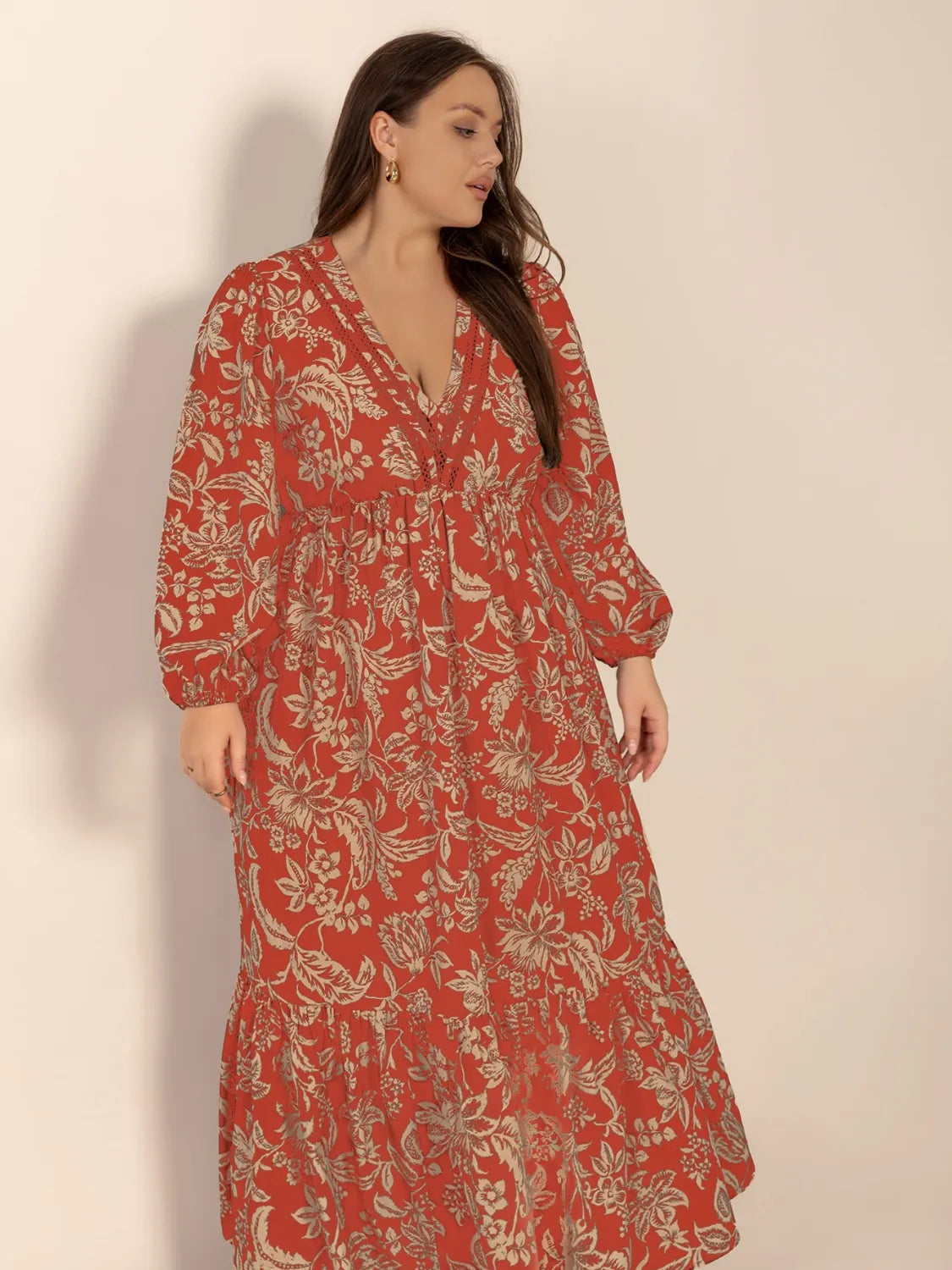 Plus Size Lace Detail Printed Balloon Sleeve Midi Dress - Dresses