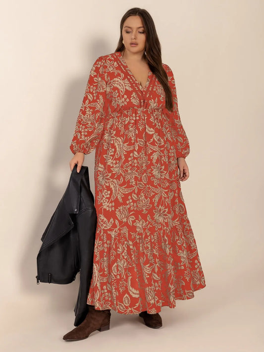 Plus Size Lace Detail Printed Balloon Sleeve Midi Dress Orange-Red - Dresses