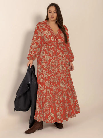 Plus Size Lace Detail Printed Balloon Sleeve Midi Dress